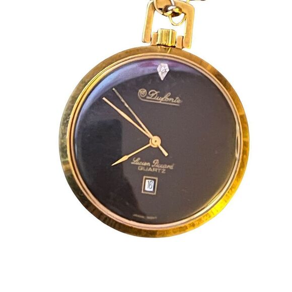 Vtg Dufonte Lucien Piccard Quartz Women’s Watch Necklace Gold Tone Black Face - Picture 2 of 14